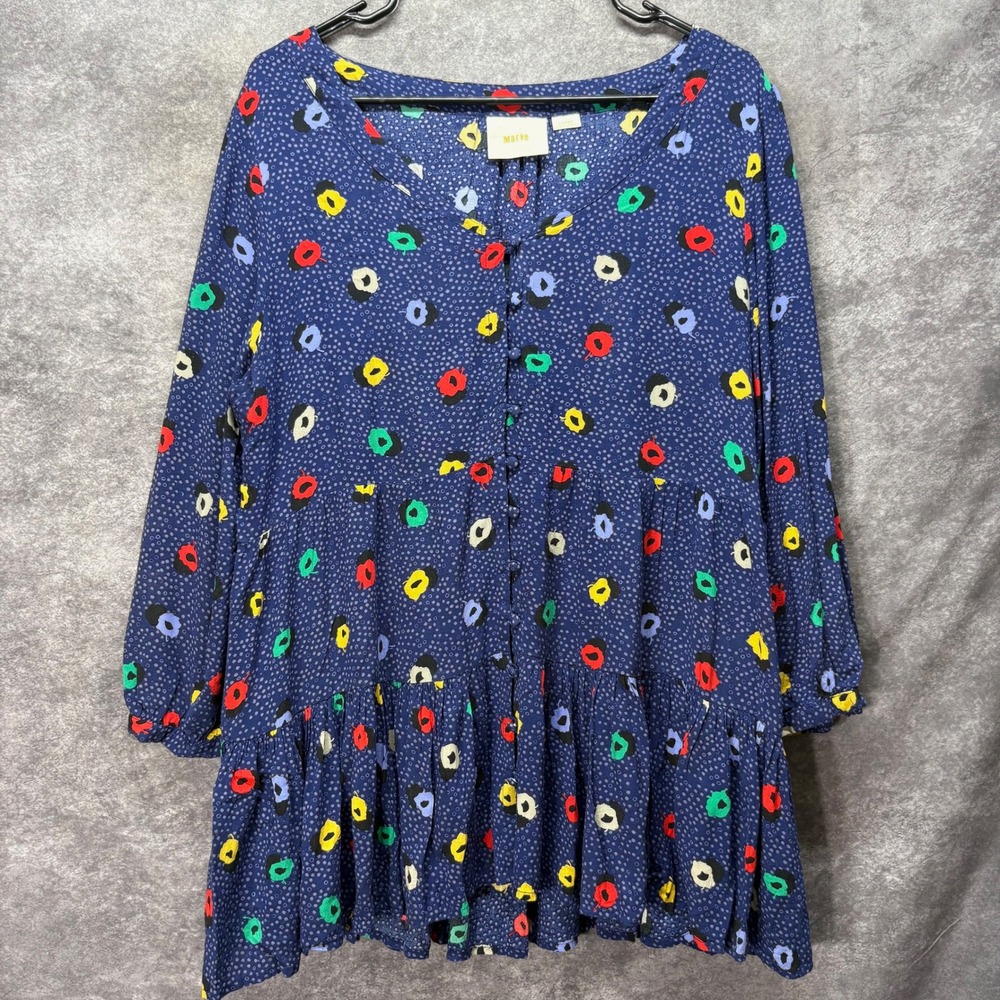 Maeve Anthropologie Navy Blue Lila Polka Dot Tiered Button Front Tunic Top L